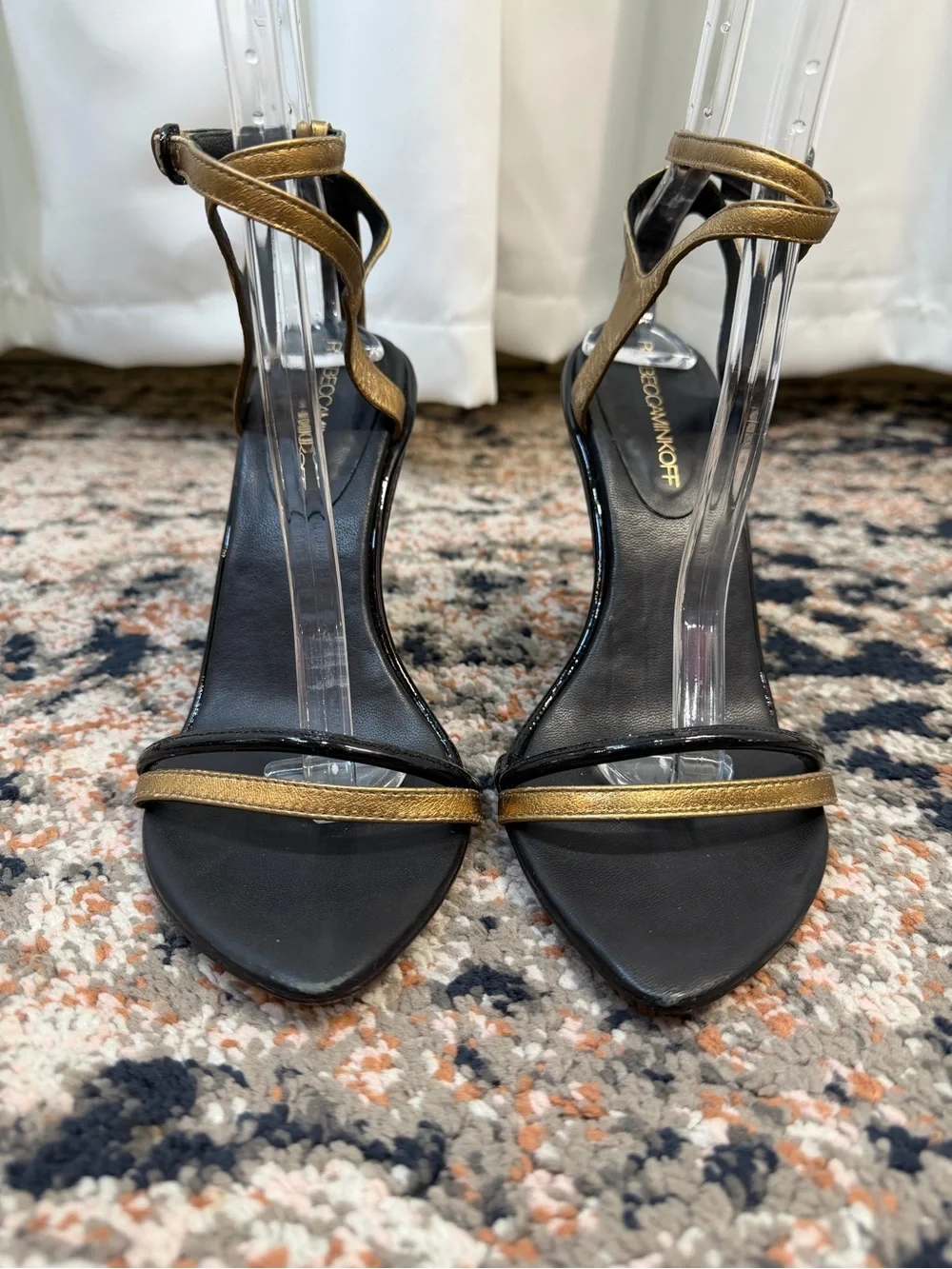 Rebecca Minkoff Black & Metallic Gold Leather Strappy Heeled Sandal Stiletto 7.5
